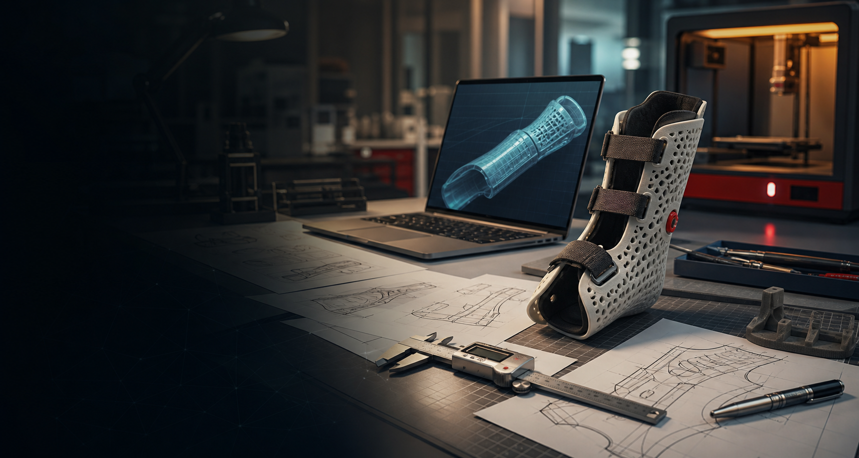 Biomedical engineering prototyping workspace with CAD tools and a 3D printed wrist brace concept.